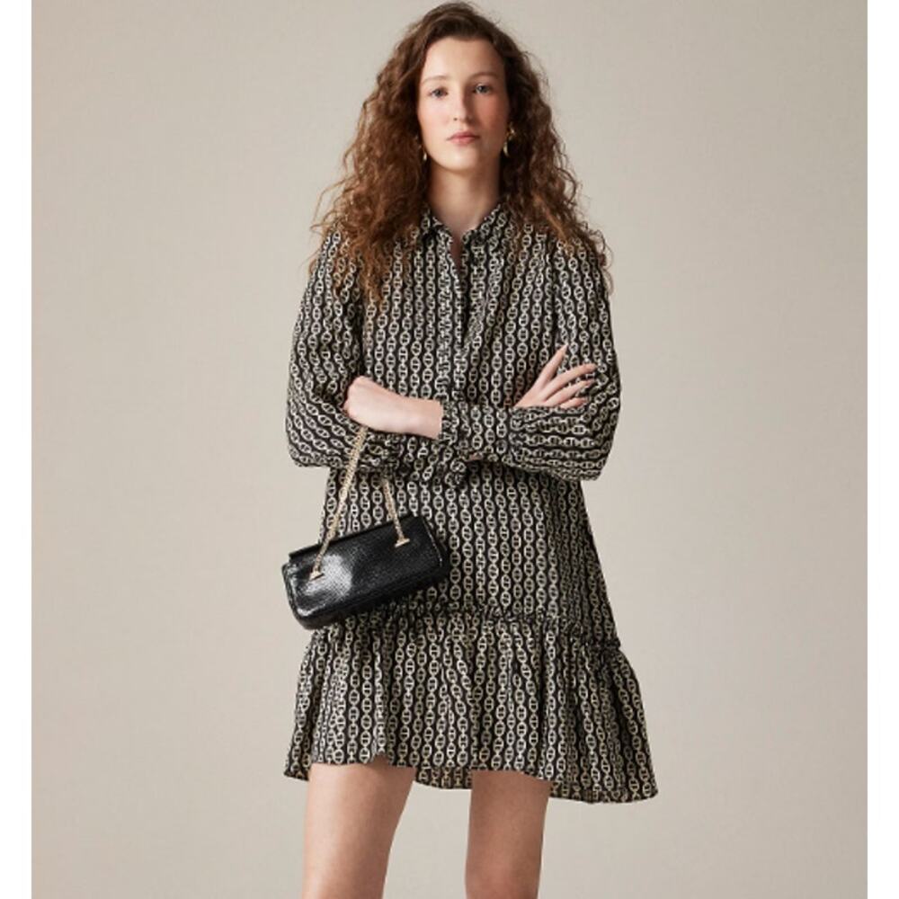 J. Crew Amelia Popover Shirtdress Chain Print Long Sleeve Ruffle Mini Dress